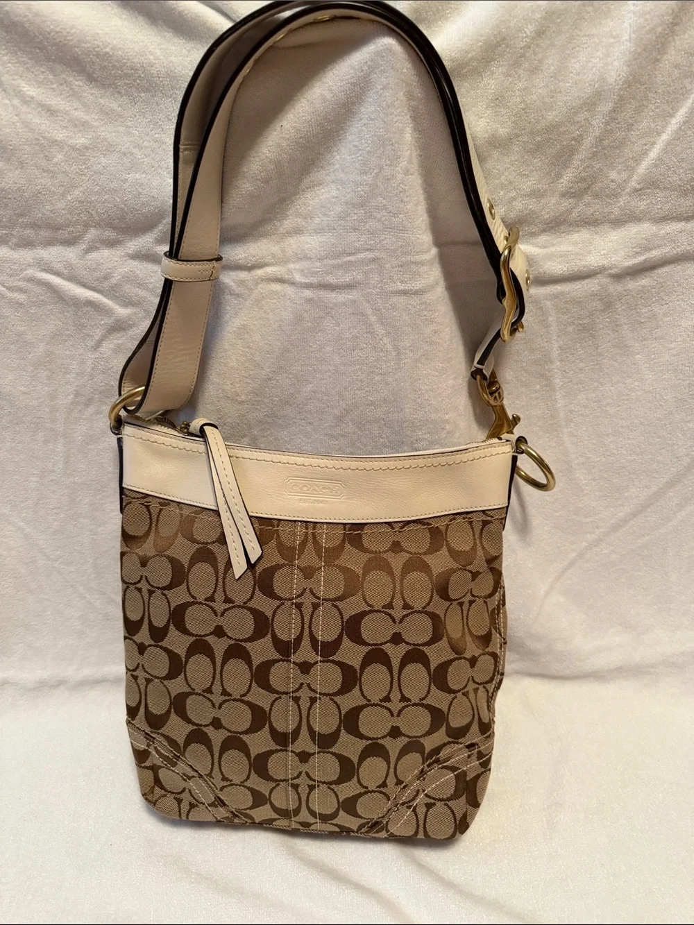 Coach Brown Signature Canvas Shoulder Bag with Ivory  Trim